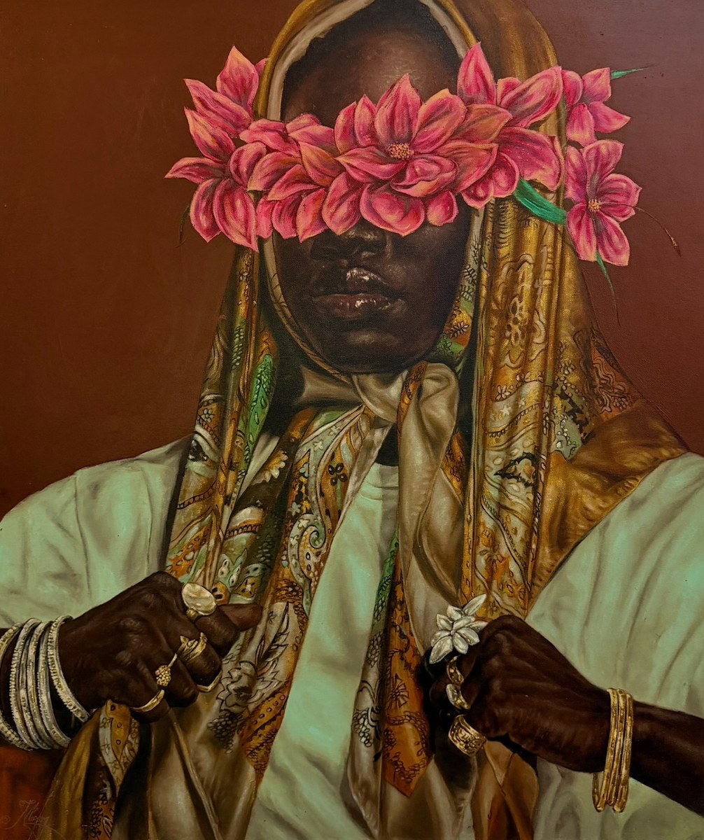 Painting of a figure in a gold silk scarf with pink flowers covering the eyes
