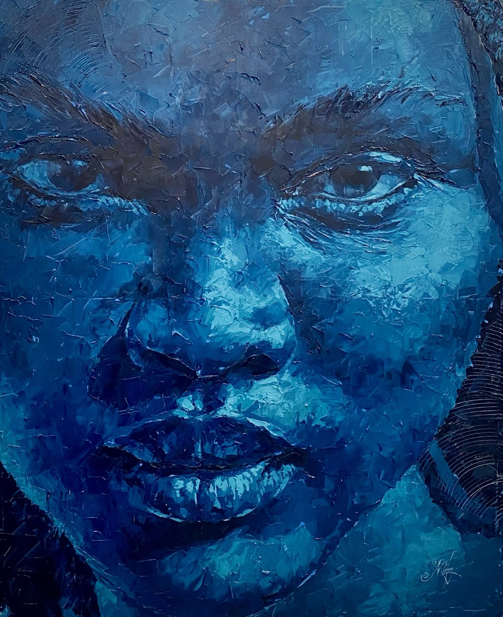 Palette-knife portrait of a face in deep blues