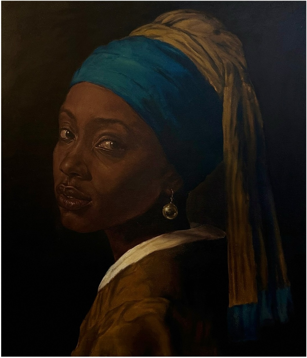 Print of a young woman in a blue headscarf, turned over her shoulder