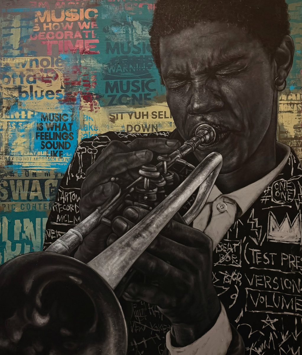 Painting of a trumpet player in profile against a teal and ochre background