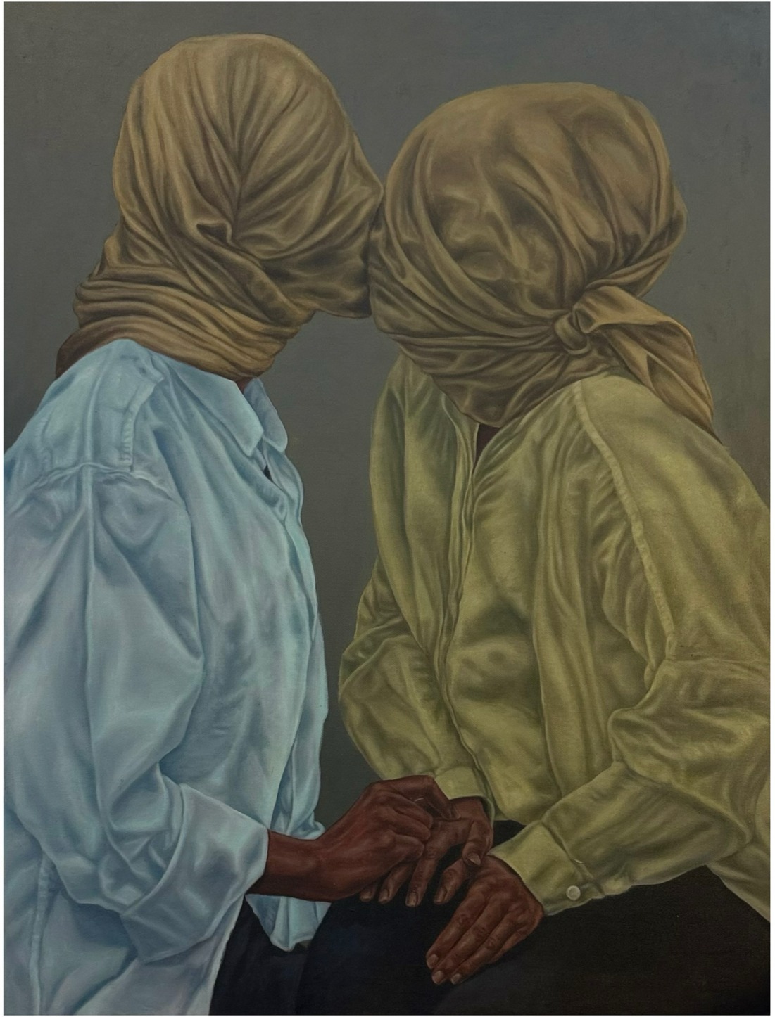 Print of two figures with cloth-wrapped heads leaning together, holding hands