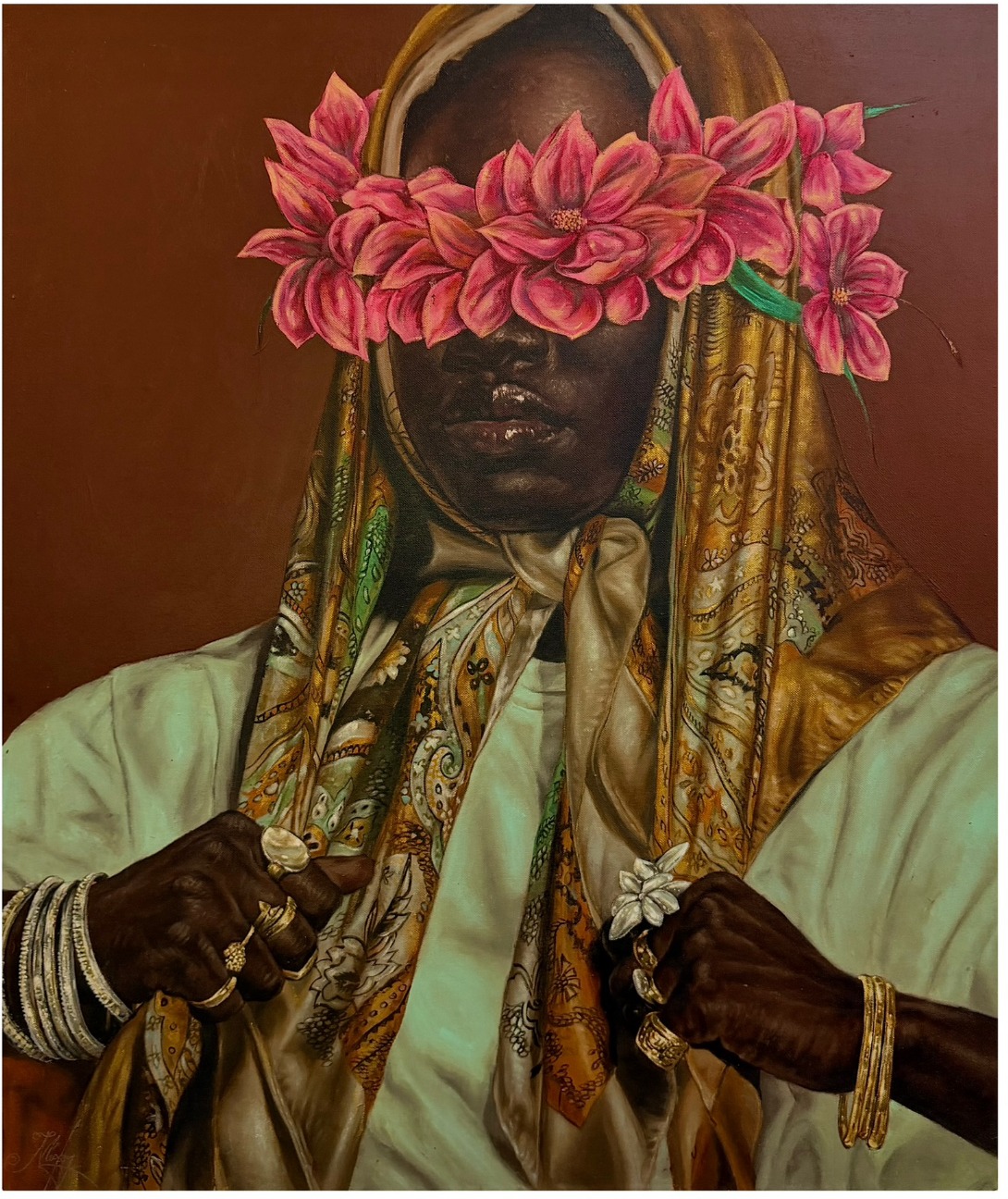Print of a figure in a gold silk scarf with pink flowers covering the eyes