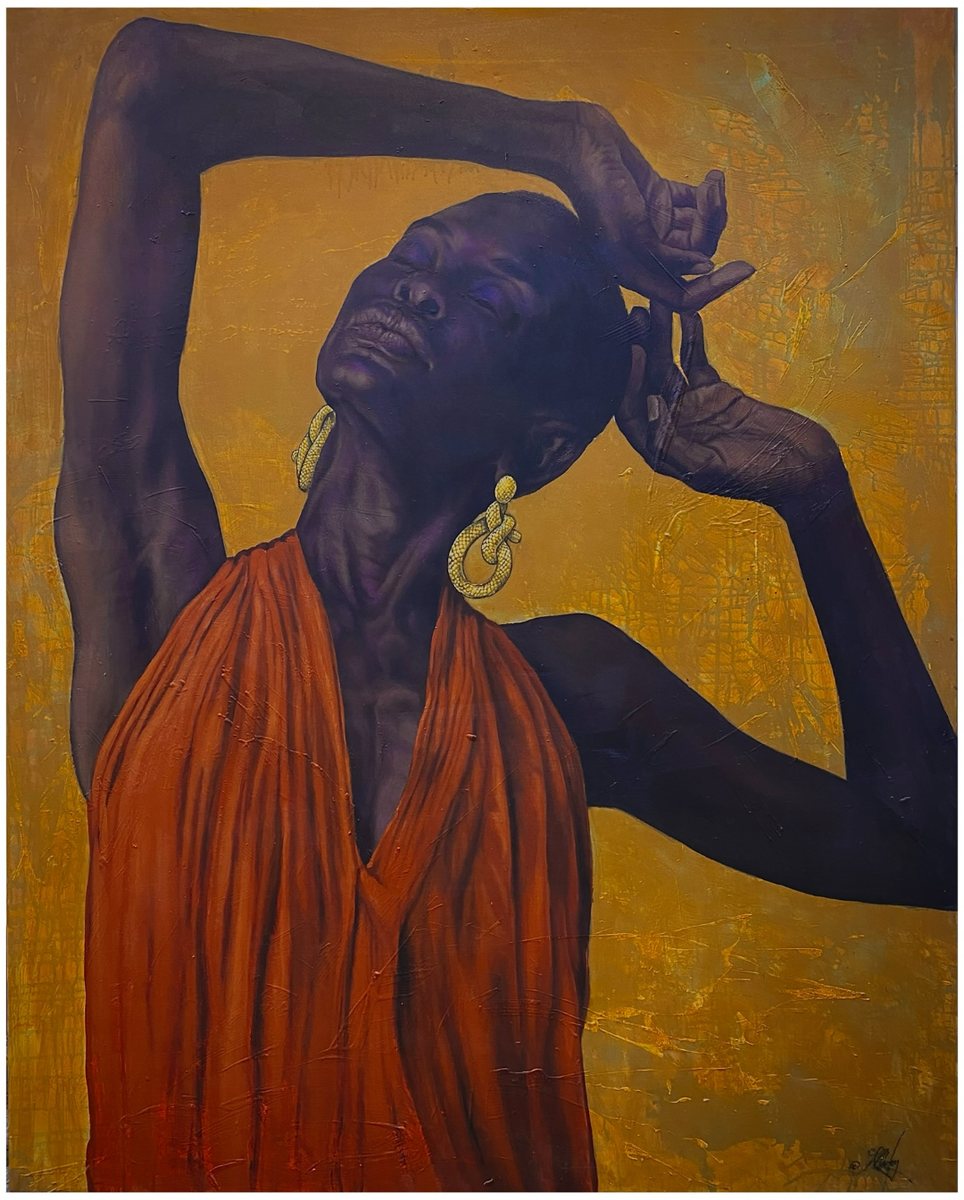 Painting of a woman in a burnt-orange dress with her arms raised