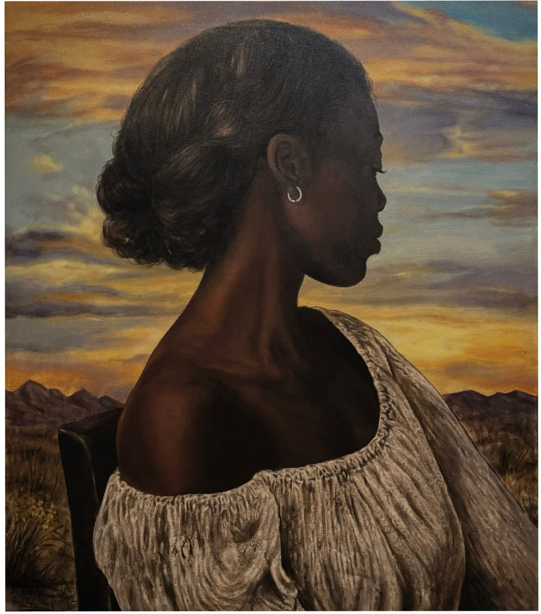 Painting of a woman in profile before a sunset landscape