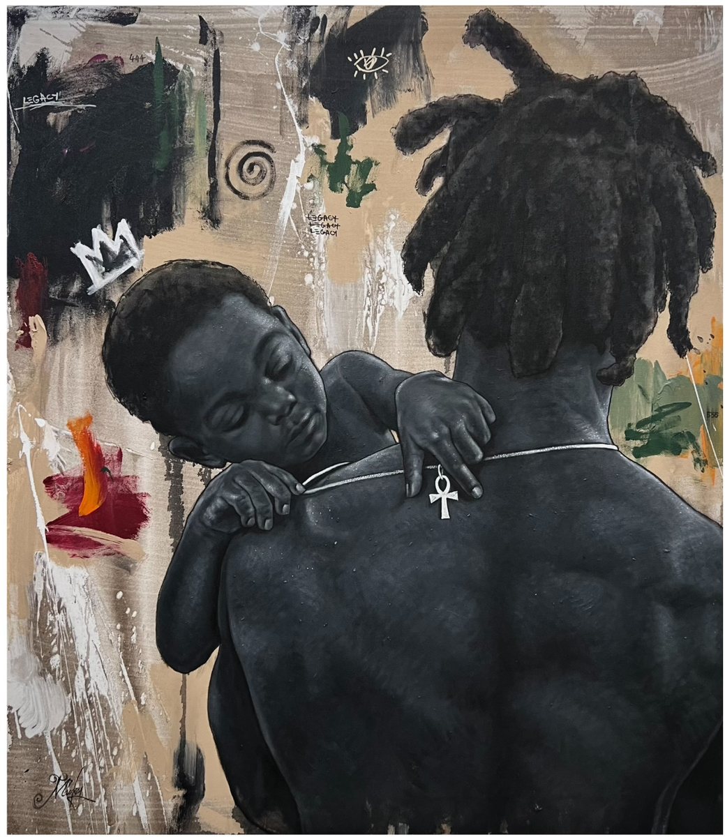 Painting of a man with dreadlocks carrying a sleeping child on his shoulder