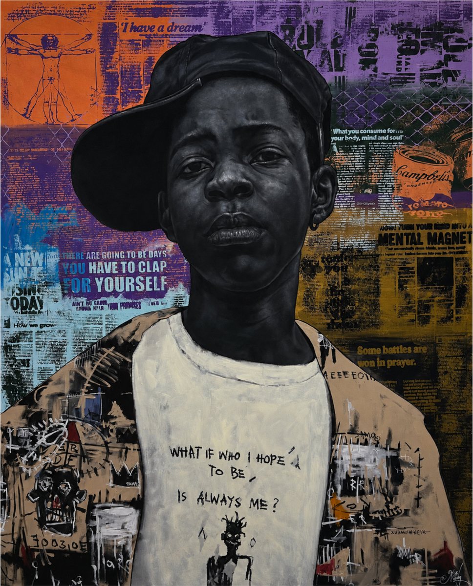 Painting of a boy in a backwards cap against a collage background