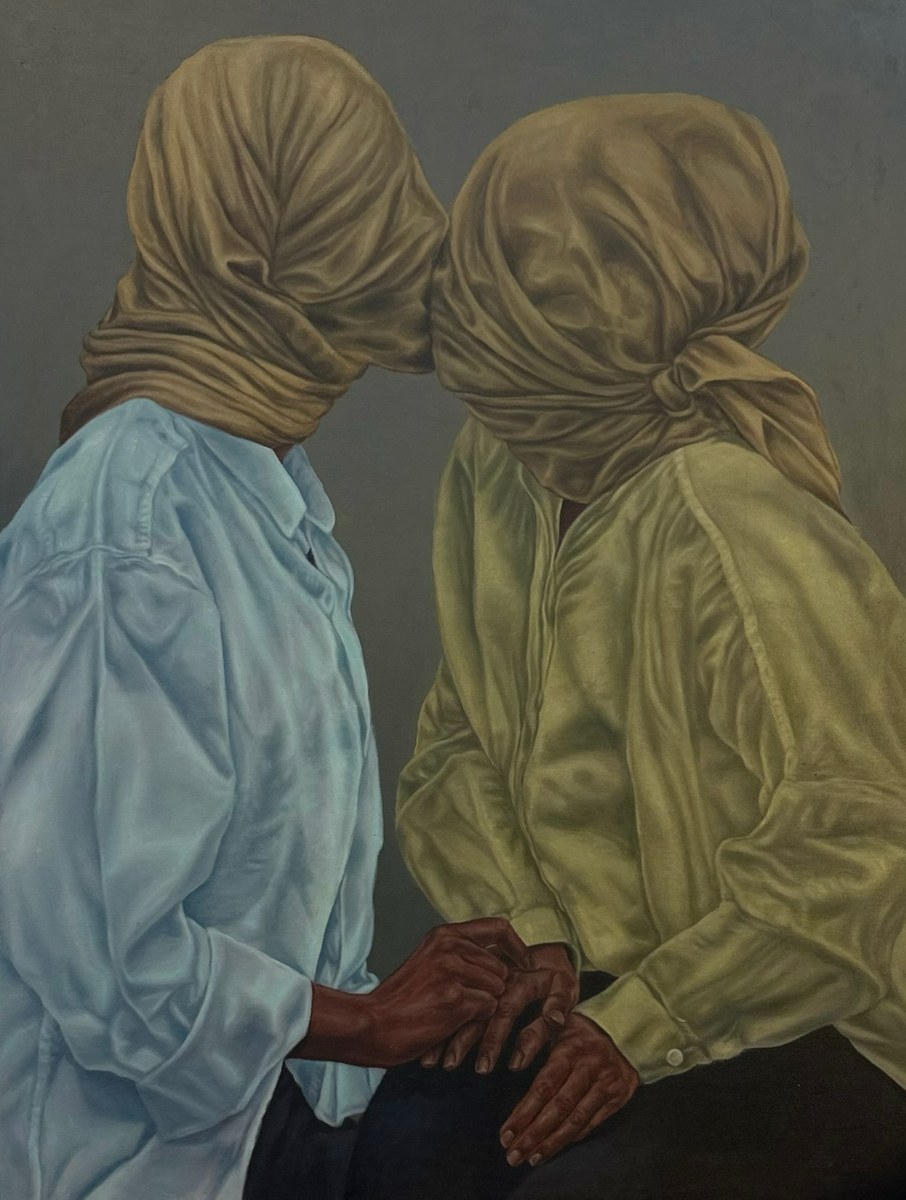Painting of two figures with cloth-wrapped heads leaning together, holding hands